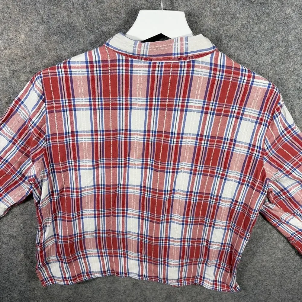 Alfred Dunner Women's Red Plaid 3/4 Sleeve Button Front‎ Top Floral Beading 18P